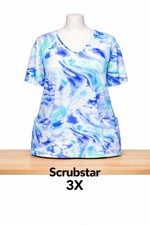 Scrubstar Women  s Scrub Top 3X Blue Green Watercolor V-Neck Plus Size