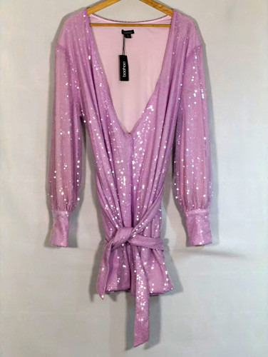 boohoo Lilac Sequin Wrap Mini Dress V-Neck Balloon Long Sleeve Plus Lined