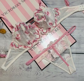 Victoria's Secret Wicked Peony Embroidery White Pink Unlined Bra Thong Set