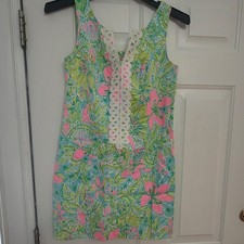 Lilly Pulitzer Sleeveless Floral Shift Dress Lace Accents Pink Green Blue