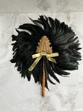 Edwardian Antique Ostrich Feather Hand Fan with Wood Handle Gold Tone Accent