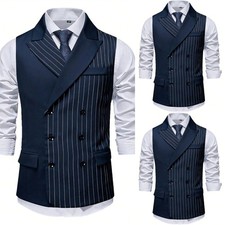 Navy Pinstripe Double Breasted Vest Peak Lapel Formal Wedding Men Suit Waistcoat
