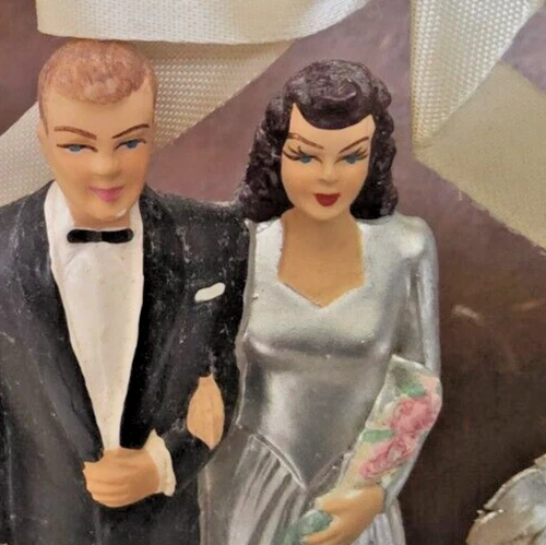 DE COLECCIÓN ADORNO DE PASTEL DE BODA, NOVIA Y NOVIO COSTA AÑOS 40 corazón de encaje 25 aniversario Foto 4 de 4