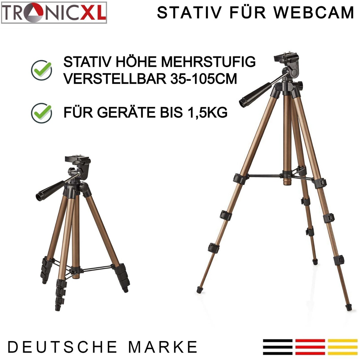 TronicXL Tripod 1W Treppiede Flessibile Per Webcam, Attacco 1/4", Altezza Max 28 Cm, Carico 2 Kg, Con Piastra A Sgancio Rapido, Per Logitech C920, Brio, Microsoft Studio - 3