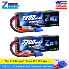 2x Zeee 2S Lipo Battery 7200mAh 7.4V 120C EC3 for RC Car 1/10 Scale Racing Model
