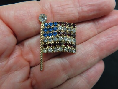 Vintage Gold Tone Stylized Red, White & Blue Rhinestone Flag Brooch