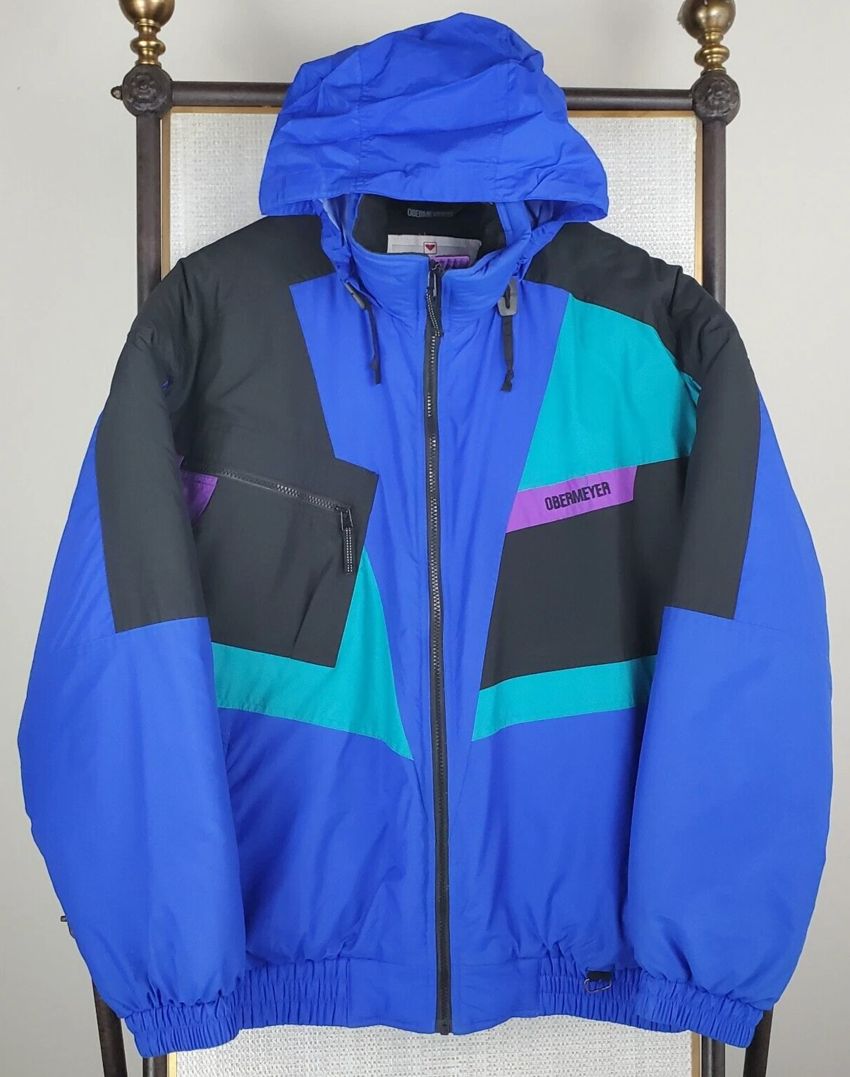 VTG 80s OBERMEYER Mens Size Large Bomber Jacket Insulated Hooded Full Zip Blue