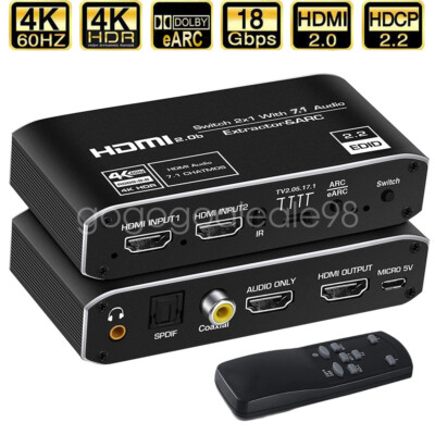 2x1 HDMI 2.0 Switch eARC Audio Extractor 4K 60Hz HDMI to Toslink Coax 5.1 7.1CH