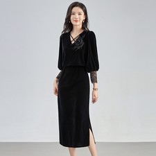 Celebrity V-Neck Splicing Jacquard Lace Autumn and Winter Velvet Womens Dresses