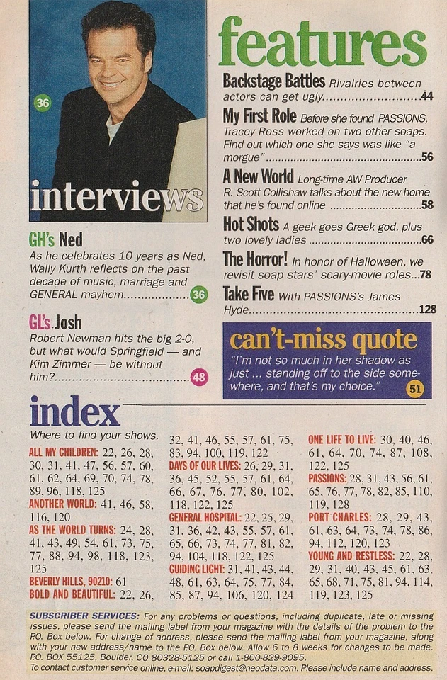 Soap Opera Digest Nov 6, 2001 SEAN KANAN-ROBERT NEWMAN-SOAP STARS' HORROR MOVIES - Image 3 of 4
