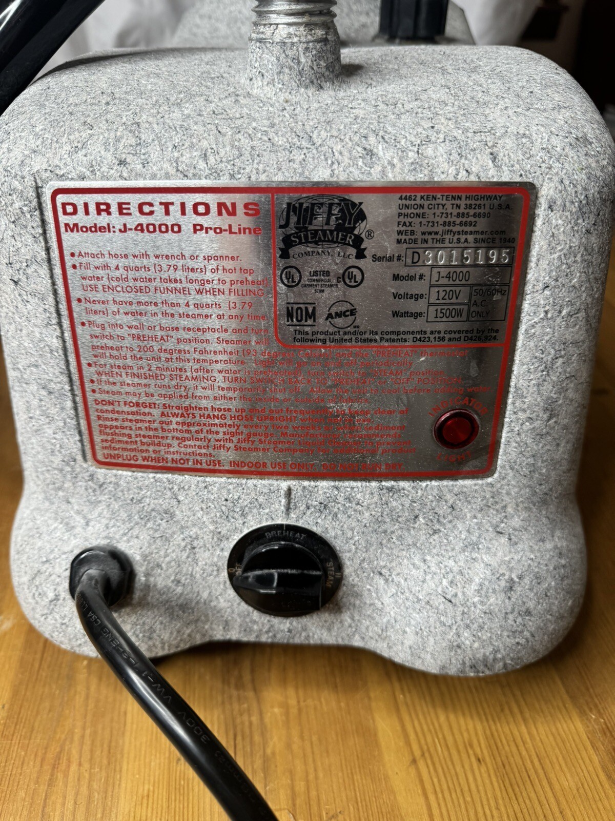 Jiffy Steamer J4000 Pro Line Large Capacity Commercial Quality Garment