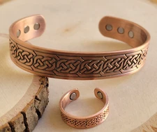 Solid Copper Magnetic Adjustable Arthritis Bracelet Cuff Ring Set Celtic Knot