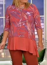 LOGO by Lori Goldstein Printed Rayon 230 Top w/ Satin Hem Coral Tango M A351657