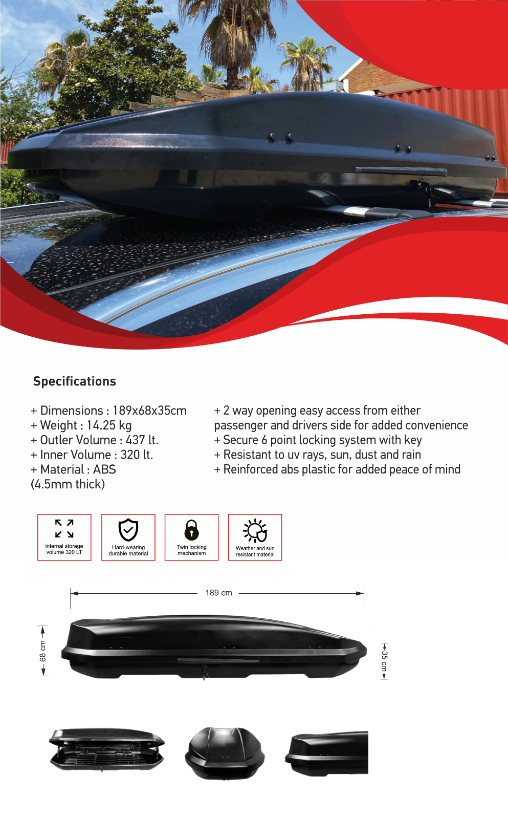 EVS Car Roof Box Matte Black Finish 320 Litre Capacity Rooftop Carrier