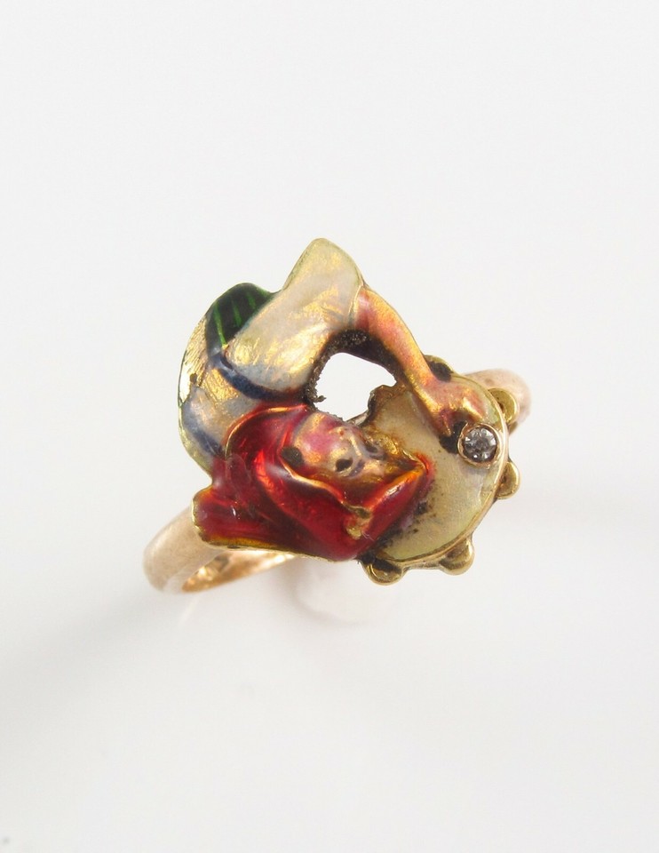 Antique 14k Gold Art Nouveau Enamel & Diamond Bavarian Bar Maid Ring ...