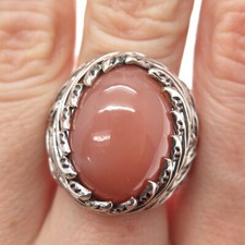 925 Sterling Silver Vintage Real Peach Moonstone Floral Leaf Ring Size 10.25