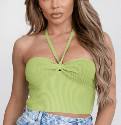 Lime Tic Toc Ribbed Knit Halter Top