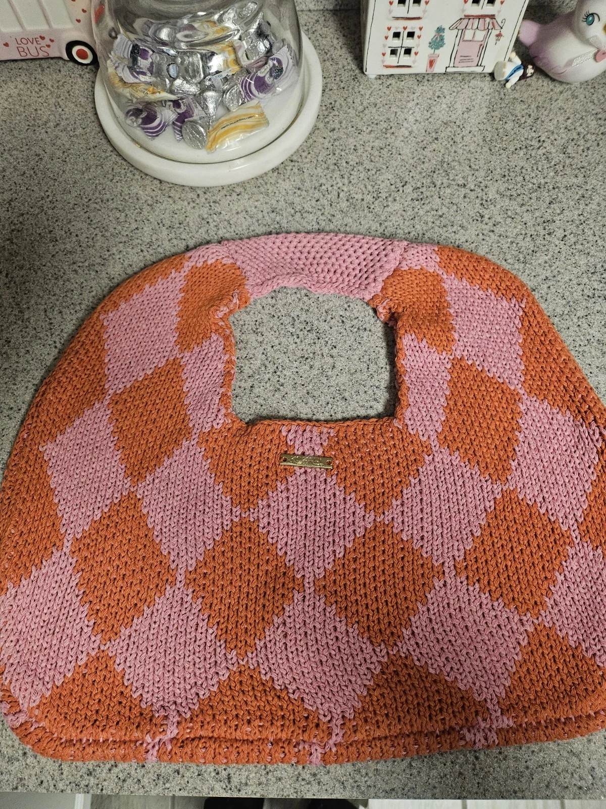 Kopal Knitted Baby Bib Orange Pink Yarn