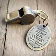 Fire Or Help Solid Brass Fire Department Tag & Whistle (2" Long)