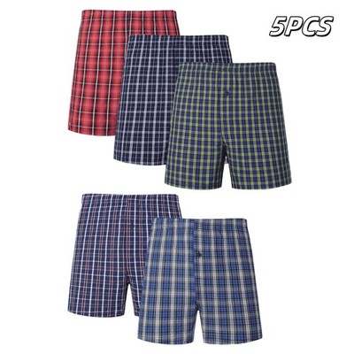 5PCS Plus Size Men's 100% Cotton Casual Plaid Elastic Drawstring Boxer Shorts Ov