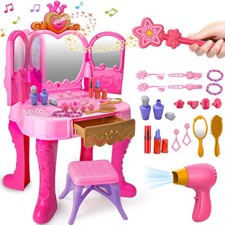 Toddler Vanity Magic Makeup Set Table and Chair Girl Toy Automatically Mirror...