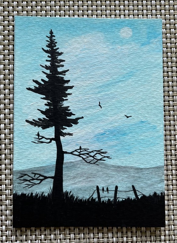 ACEO Original Art Pine Tree Fence Birds Moon Silhouette Acrylics 2.5x3.5 Inches