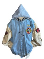 Vintage Mickey Mouse Denim Varsity Jacket With Hood And Patches XL