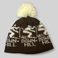 Vintage Toddler/Baby Down Hill Ski Beanie Brown White Chunky Knit Pom Pom Hat