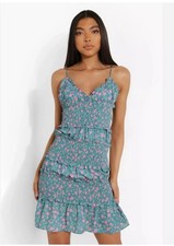 Boohoo Tiered Ruffle Dress Green Pink Floral Size 4 Tall