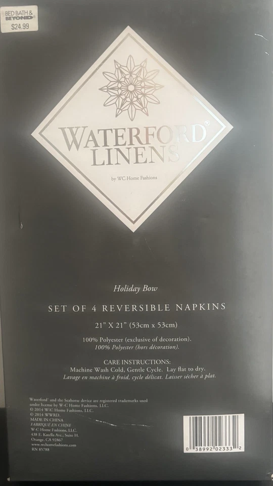 Nuevo en Paquete Juego de 4 Servilletas de Tela Waterford Linas Reversibles 21"x21" "Lazo de Vacaciones" Foto 3 de 4