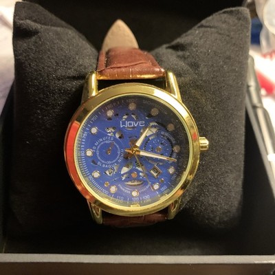 New Wove Gold Skeleton Quartz Automatic Blue Dial & Brown Leather Strap  Watch