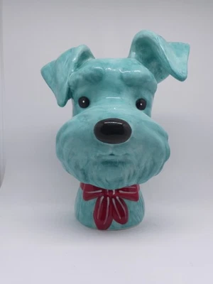 Vase Terrier Kopf Keramik Türkis Deko Hundekopf mit Schleife Blumenvase Modern - Bild 1 von 4