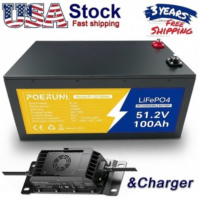 48V 100Ah LiFePO4 Battery Pack w/ BMS + 58.4V 20A Charger For RV Marine Off-Grid