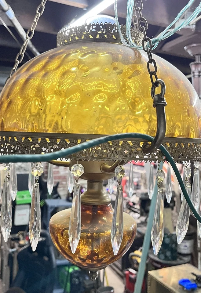 Antique Amber glass- Hanging Oil Lamp chandelier, Hardwired. 30” L X 25” W(+/-) - Image 2 of 4