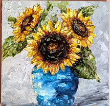 ORIGINAL OIL  impasto Painting Sunflowers in Vase 8"x8" by Olga Diduh.