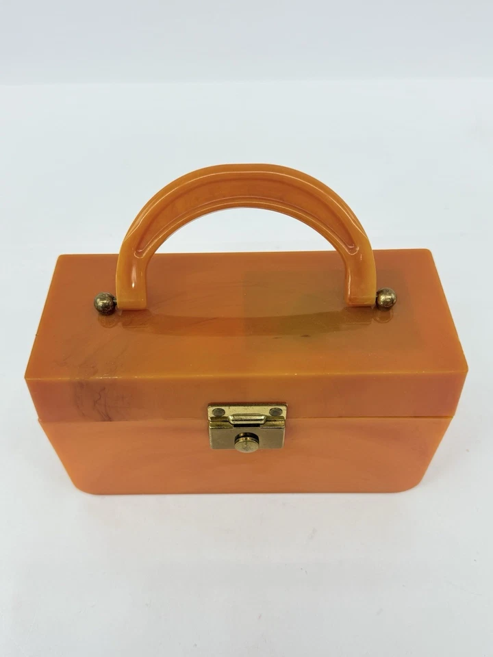 Vintage Orange Bakelite Lucite Plastic Box Purse With Handle And Mirrors Inside - Image 3 of 4
