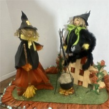 Halloween Witch  Scarecrow Figurines w/ Cauldron Freestanding Multicolor Decor
