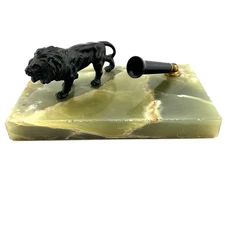 Vintage MCM Italian Bronze Lion Pen Holder Marble Base Sculpture Desk Accessory