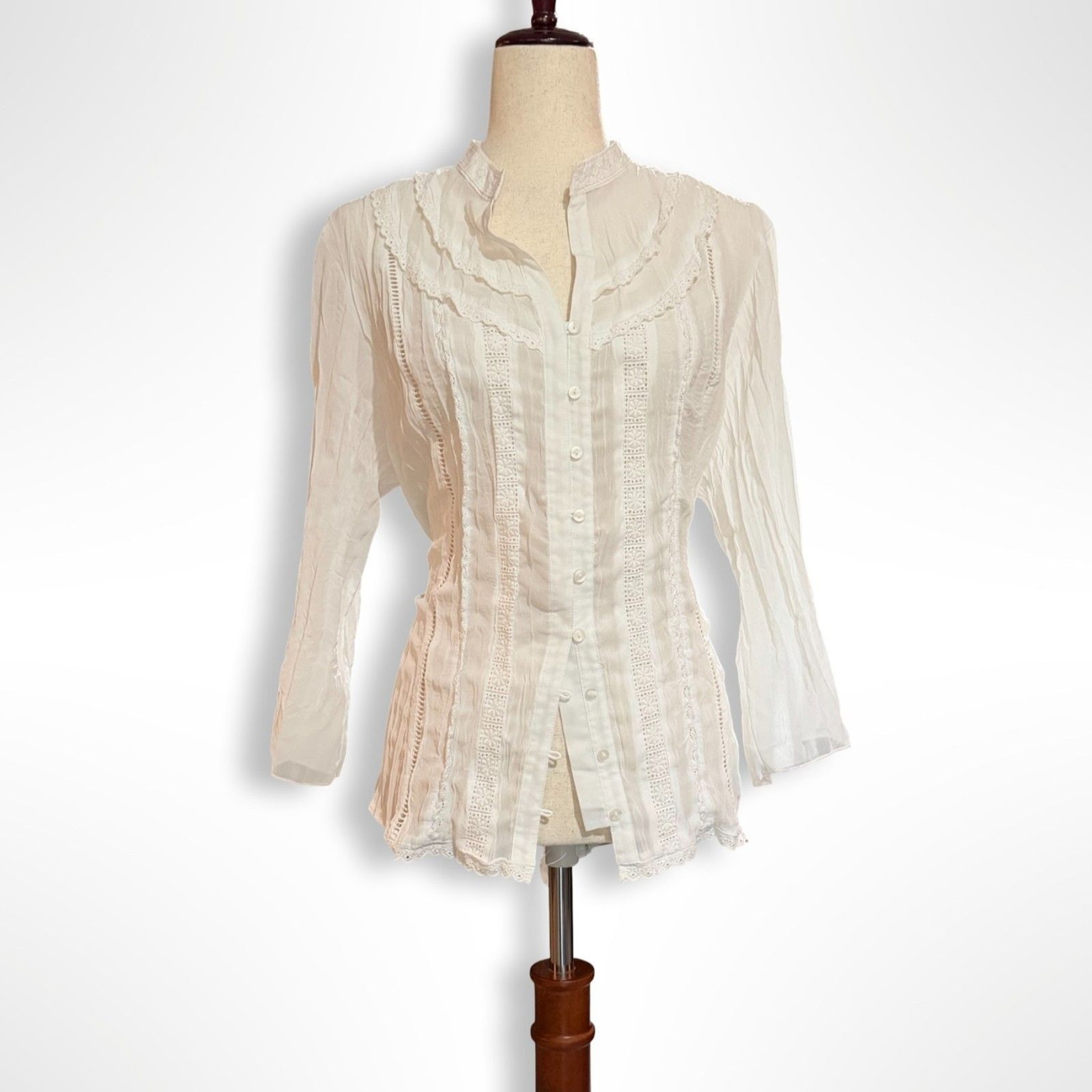 Notions, White Pinktuck, Tie Back, Button Up, Long Sleeve Blouse, M, Cottagecore