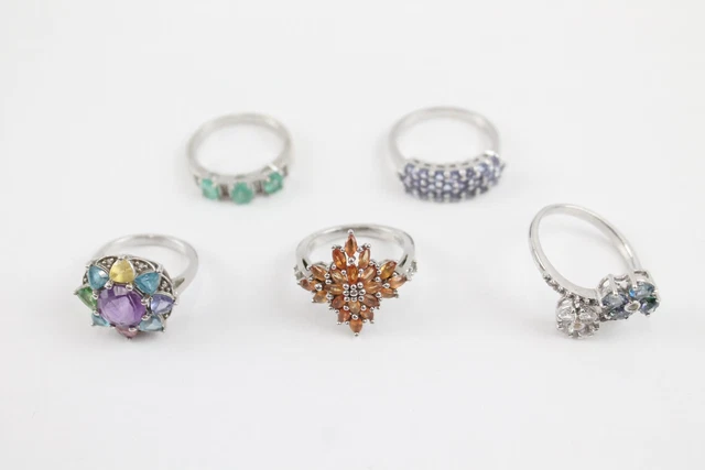 27 Sterling Silver TGGC Rings Amethyst Emerald Tanzanite x 5 (15g)