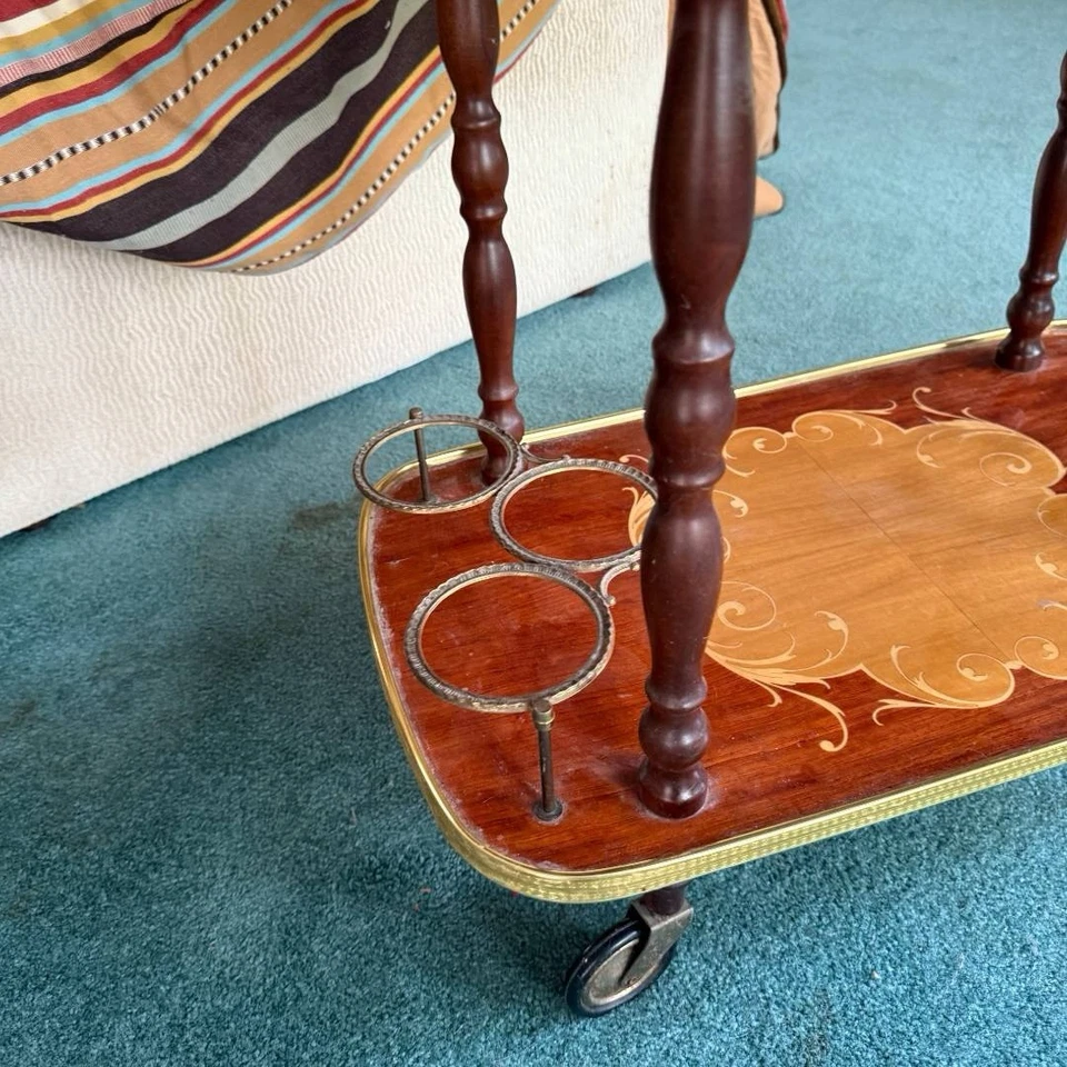 Vintage Italian Marquetry & Brass Drop Leaf Tea/Bar Cart - Image 4 of 4