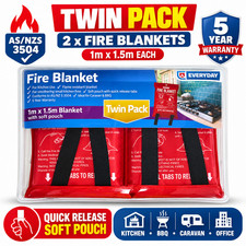 2 Pack Fire Blanket 1m x 1.5m Kitchen BBQ Caravan AS/NZS 3504 Soft Pouch