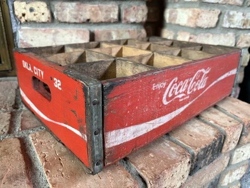 Vintage Red & White Coca Cola OKLA CITY 32 Wood Crate 12 Bottles Oklahoma City