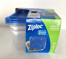 NEW Ziploc Containers, Medium Square, 3 count (Pack of 1) Clear 1.25qt