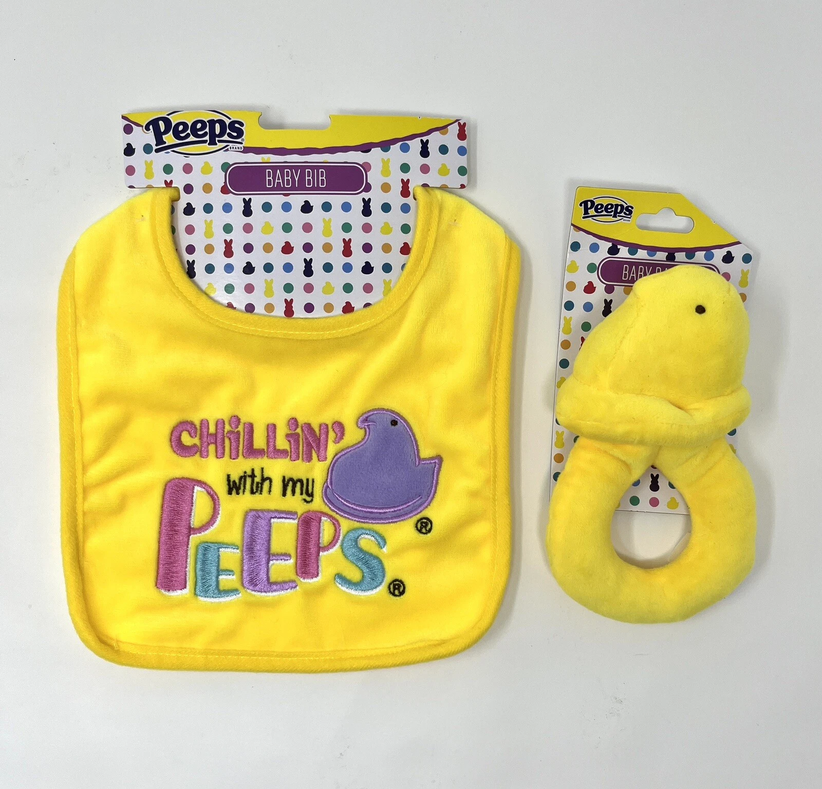 PEEPS BABY YELLOW CHICK RATTLE + PEEPS BABY BIB- SET OF 2- NEW