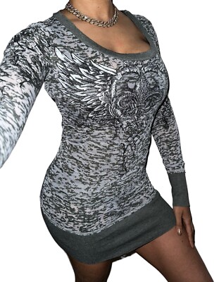 VOCAL Womens Sz M Gray Rhinestione Top Burnout T-Shirt Top Wings Bling Fleur USA