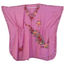 Short Boho Kaftan Tie String On Waist Cotton Blend Embroidery House Caftan L-39"