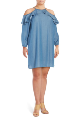 plus size denim cold shoulder dress Plus Size Flowers Leaf Print Crisscross Belted Cold Shoulder Denim Top