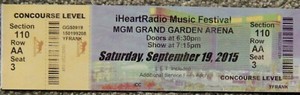 IHEART RADIO MUSIC FESTIVAL ORIG CONCERT USED TICKET, MGM GRAND VEGAS 9/19/2015