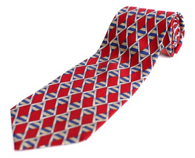 COUNTESS MARA Men's Red Tie with Blue Diamond Pattern 56''L 4''W Tie Vintage